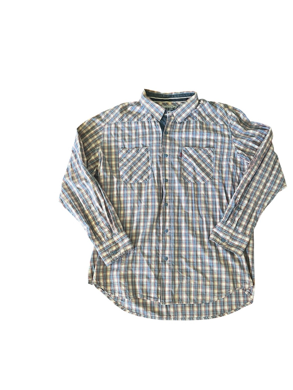 Casual Men's Plaid Button-Down Shirt in Blue, Red and Tan